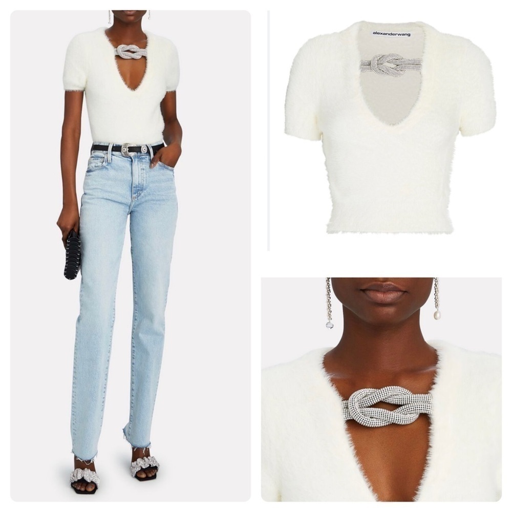New Alexander Wang Crystal Knot V Neck Sweater Top